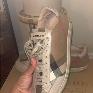Burberry Beige and Red Check Sneakers